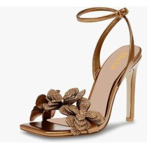 miss left Gold Rhinestones Stiletto Heel Sandals with Strap Buckle Flower Shoes